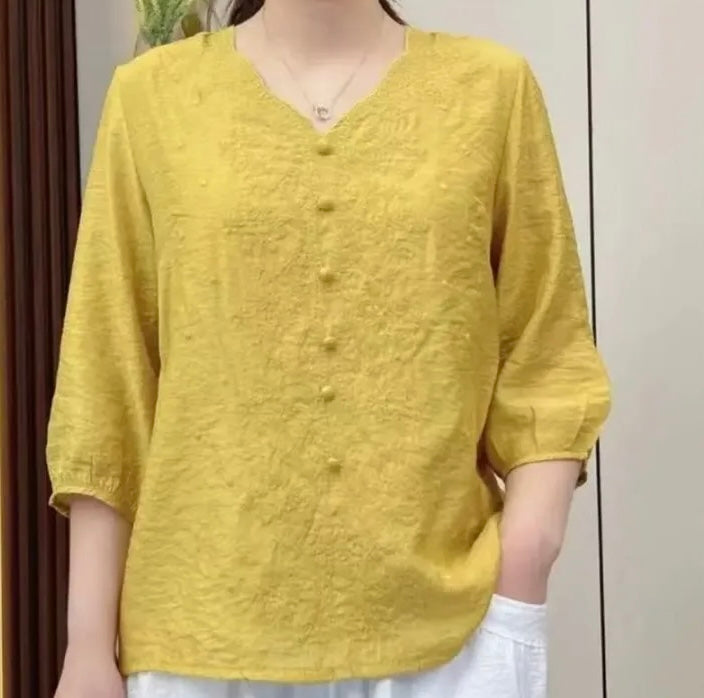 Cotton Linen V-Neck Mid Sleeve Shirt For WomenIn Summer Times